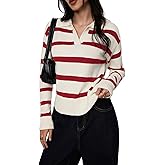 Verdusa Women's Striped Pullover Sweater Old Money Knit Tops Collared V Neck Jumpers Spring Fall Clothes