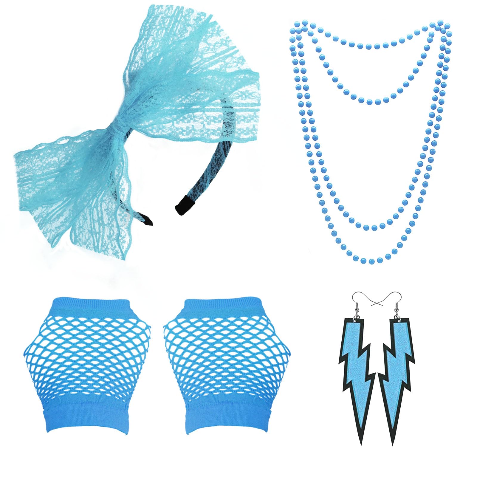 Grantop 80s Fancy Dress Costume Accessories for Women, 1980s Fancy Party Costume Set with Lace Headband Earrings Necklace Fishnet Glove, Fancy Party Costume for Retro Party (Blue) — image 1