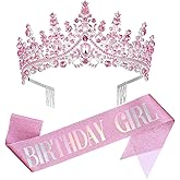 Healeved Birthday Crown Ribbon Set Adjustable Rhinestone Tiara and Sash for Women Girls Party Headwear Accessories