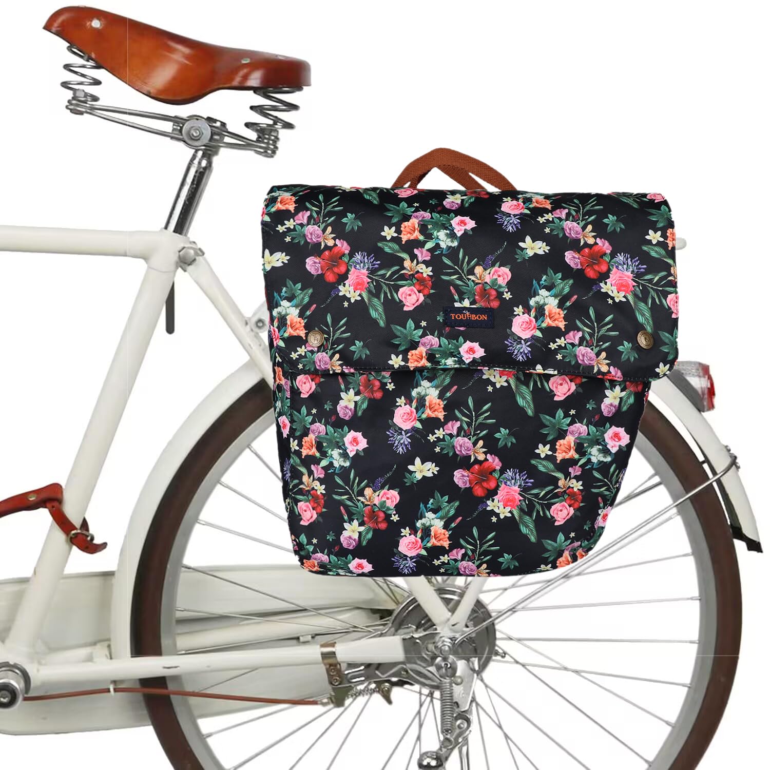 Photo 1 of TOURBON Pannier Bag Bike Rear Rack Double Side Bag Roll up Bicycle Back Seat Bag - Black with Flower