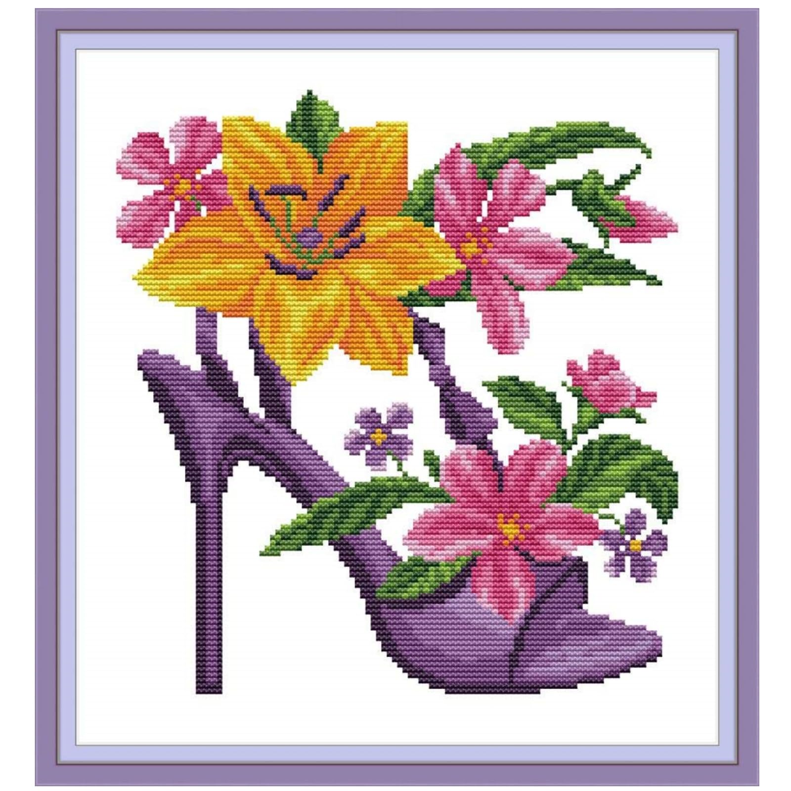 CaptainCrafts Cross Stitch Kits, Fashion high Heels Stamped Preprinted Fabric DIY Art Embroidery Kits (Preprinted 11CT, Purple)