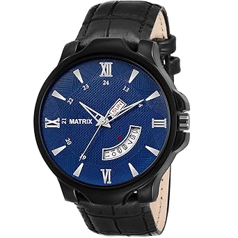 Matrix Silvermine Analog Blue Dial,Black Leather Strap Wrist Watch Day And Date Display For Men & Boys- DD-12