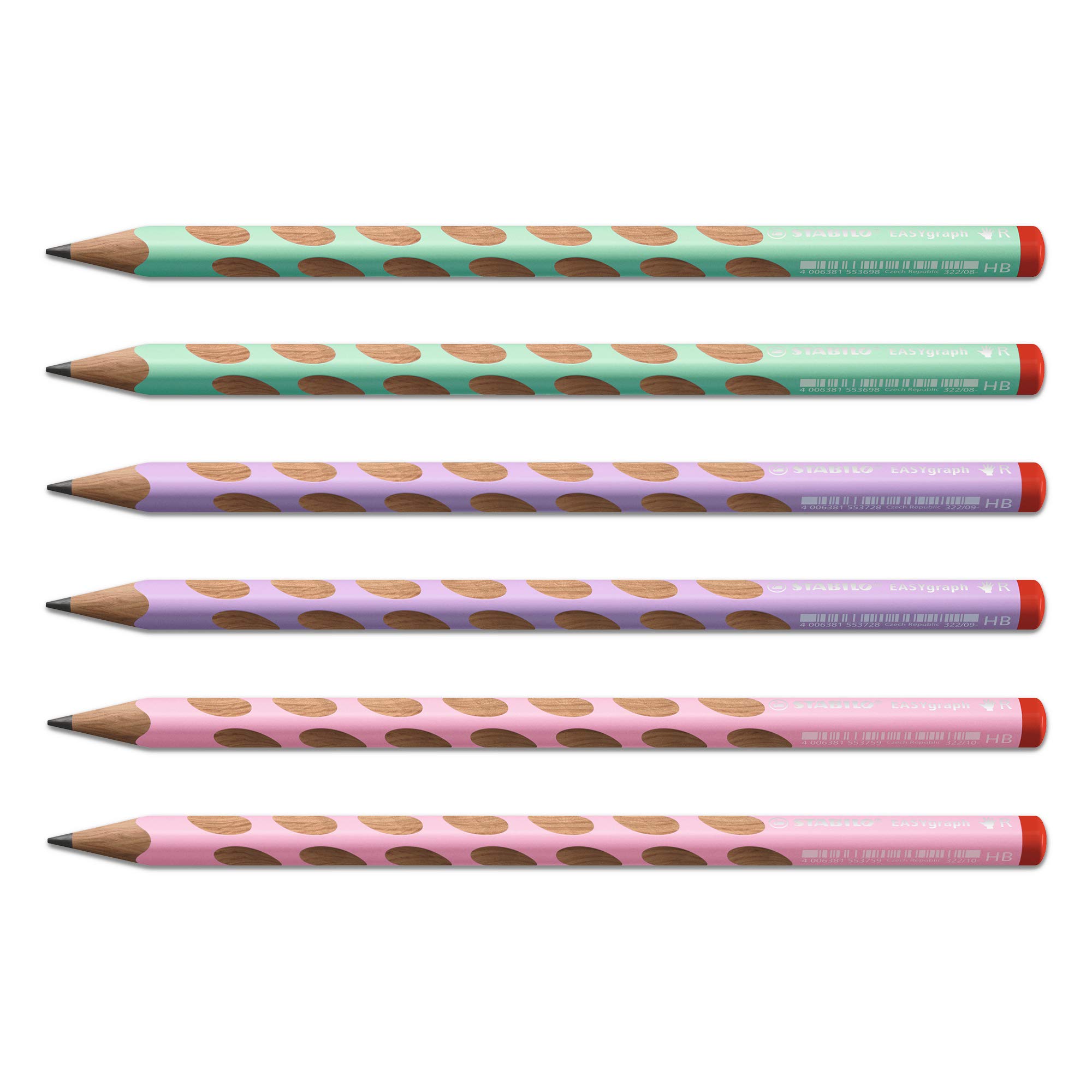 STABILO Ergonomic Graphite Pencil EASYgraph Pastel - Right-Handed - Pack of 6 - Pastel Green, Pastel Pink, Pastel Lilac - HB