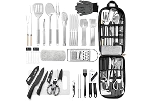 THTYBROS Portable Camping Kitchen Utensil 34 Pcs Set- Cookware Kit, Stainless Steel Outdoor Cooking and Grilling Utensil Organizer Travel Set Perfect for Travel, Picnics, RVs, Camping, BBQs, Parties