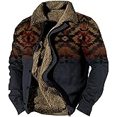 Dirxi Men's Fleece Lined Lapel Zipper Jacket Autumn/Winter Vintage Washed Checkered Print Graphic Coat with Pockets