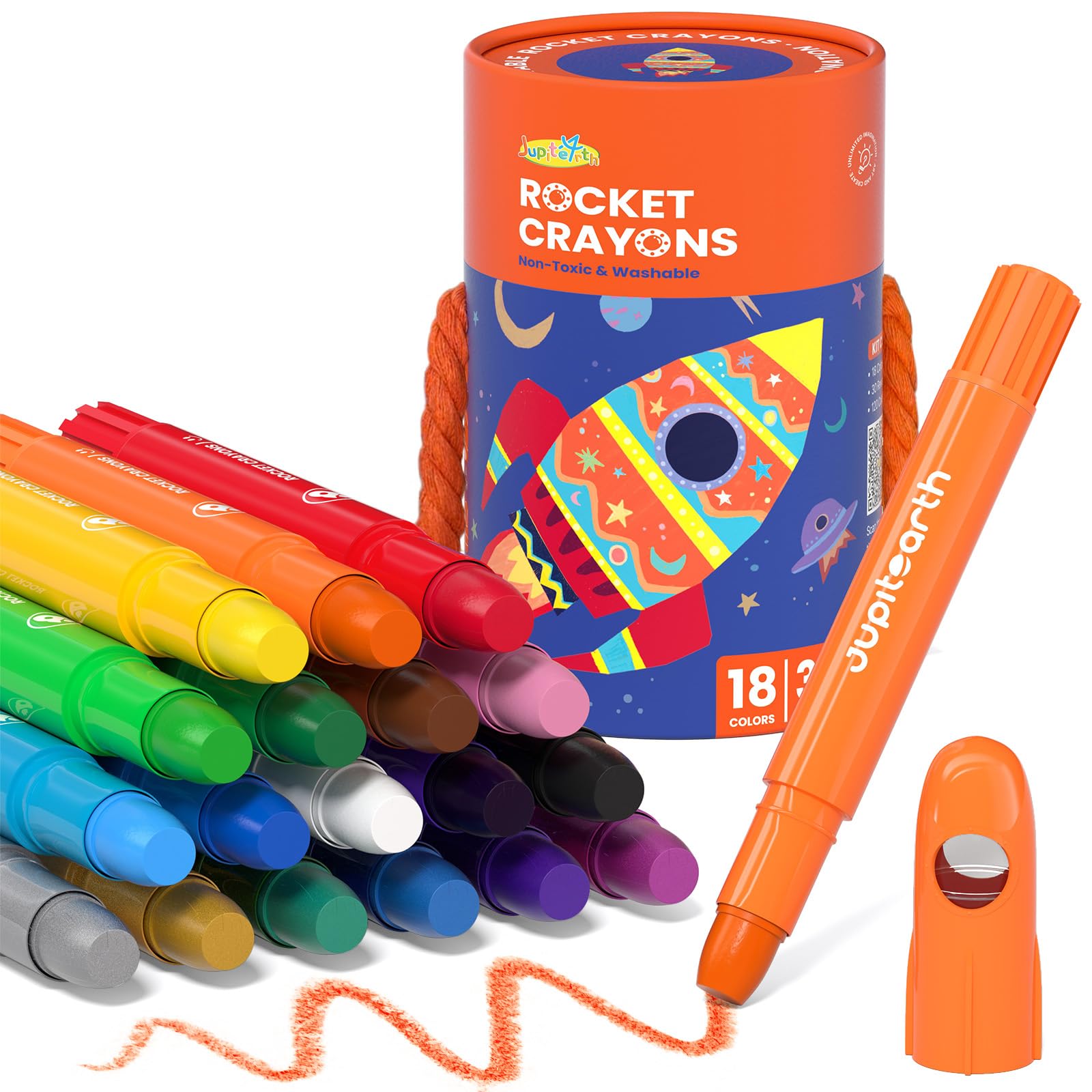 JUPITEARTH 18 Colours Twistable Rocket Crayons for Toddlers Aged 1–3,Non-Toxic Washable Crayons for Children 4–8 with Storage Tub–Smooth,Easy-Grip Art Supplies,Perfect Colouring Gift for Boys&Girls — image 1