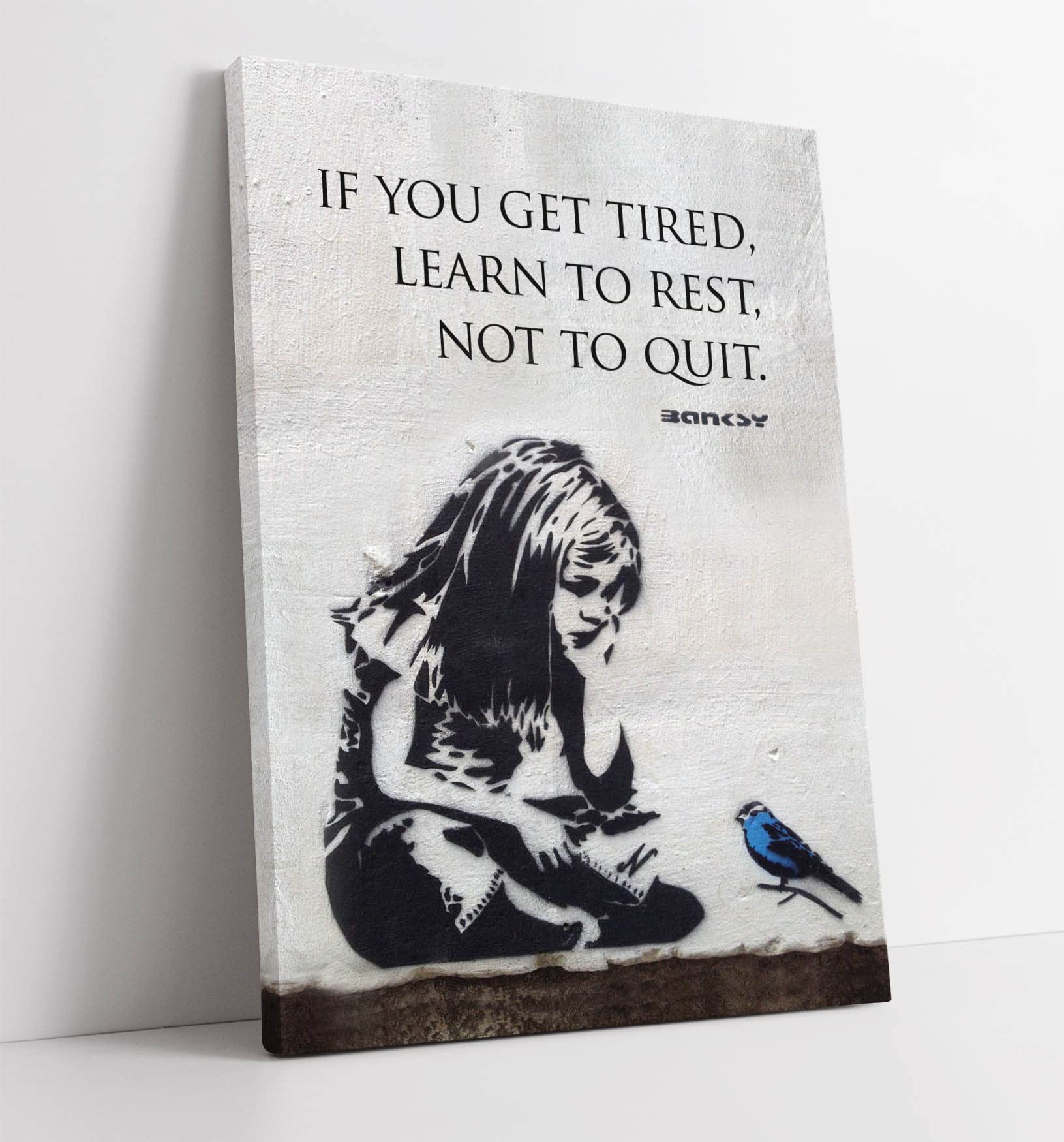 BANKSY GIRL BLUE BIRD PORTRAIT QUOTE FRAMED CANVAS WALL ART PRINT ARTWORK GRAFFITI (24in x 16in / 60cm x 40cm)