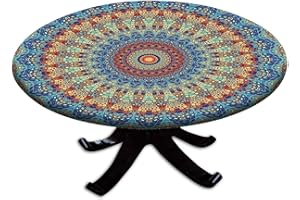 igoga sports Mandala Boho Fitted Tablecloth Round, Floral Elastic Edge Table Cover, Kitchen, Picnic, Patio, Buffet Party, Fits Tables up to 28-32 in Diameter Style 28 in-32