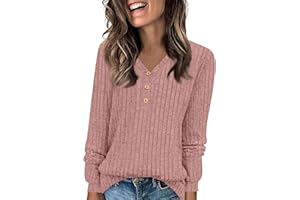 GUMIPY Knit Sweater Women V Neck Button Up Sweaters Jumpers Trendy Tunic Long Sleeve Pullover Tops Comfy Winter Clothes