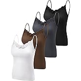 Fourluoo 4 Pack Women's Long Lace Tank Tops Lace Camisole Spaghetti Strap Y2k Slim Fit Tight Basic Soft Cami Patchwork Tops