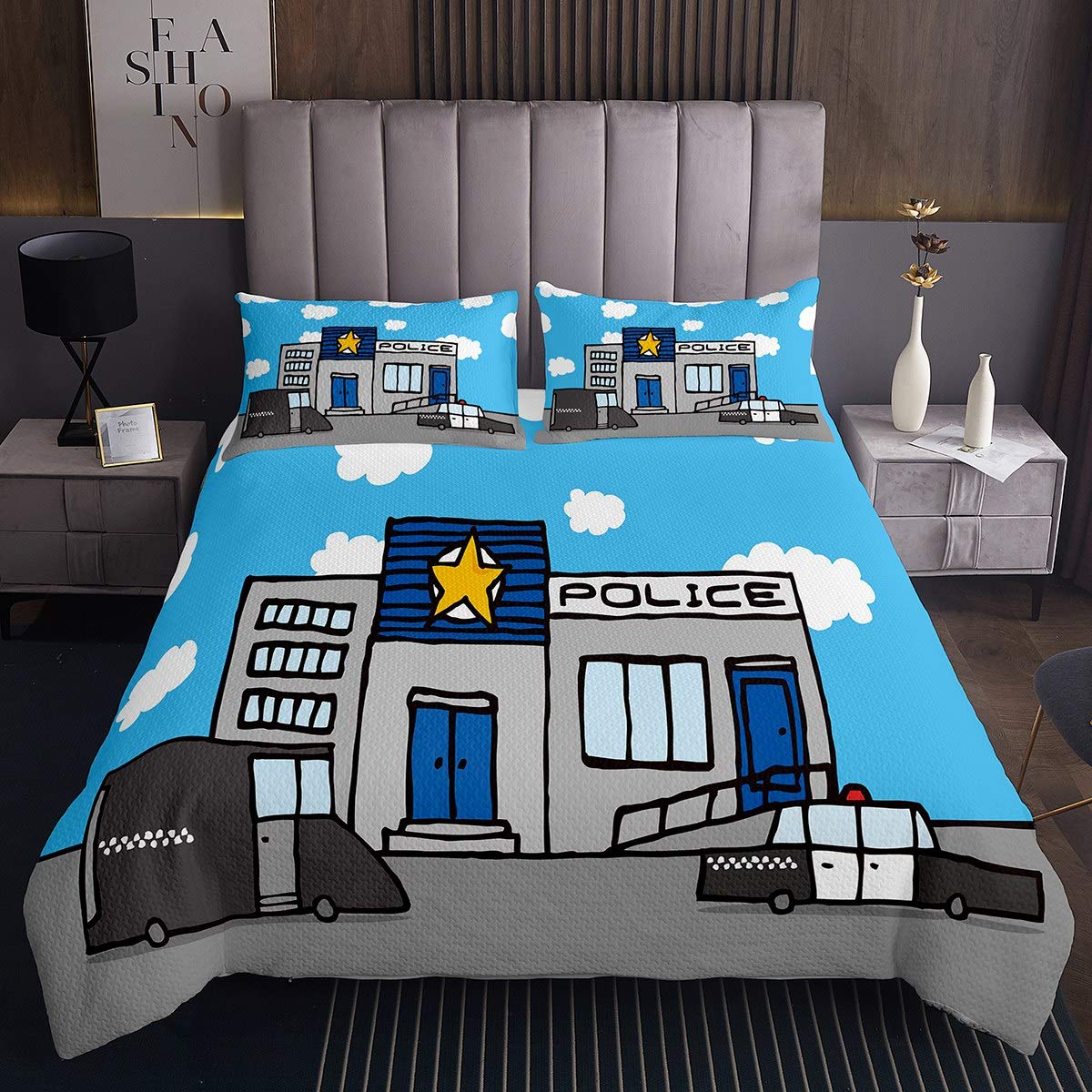 Tbrand Kids Police Station Quilted Bedspread Coverlet Children Cartoon Police Cars Quilted Coverlet for Boys Girls Cute Police Theme Coverlet Set Blue White Coulds Quilted Room Decor Bedding Single