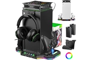 LUCKIT Cooling Fan Charging Stand for Xbox Series X, Vertical Cooler System Dual Controller Charger Station Dock with 2 x 1400mAh Rechargeable Battery & 7 Games Storage for Xbox Series X Console Accessories
