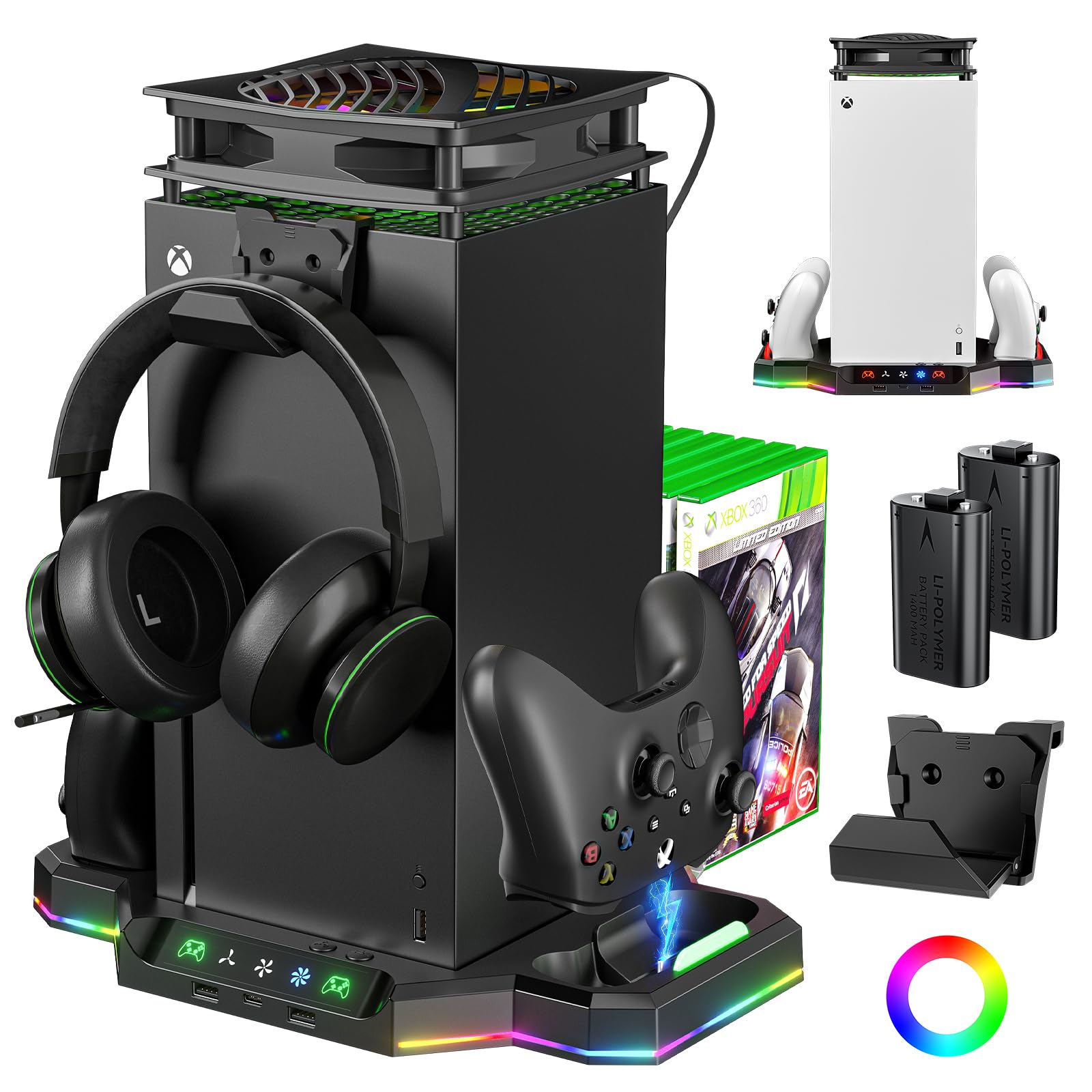 Cooling Fan Charging Stand for Xbox Series X, Vertical Cooler System Dual Controller Charger Station Dock with 2 x 1400mAh Rechargeable Battery & 7 Games Storage for Xbox Series X Console Accessories
