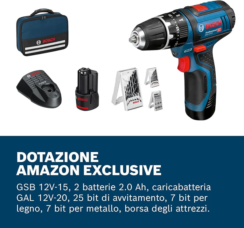 Sistema 12V Trapano Avvitatore Con Percussione GSB 12V-15, Incl. Batteria 2x2.0 Ah + Caricabatterie, 2x Set Di Trapani, 1x Set Di Punte, In Borsa, Amazon Exclusive Set