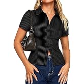 Coloquin Womens Short Sleeve Striped Fitted Button Down Shirts Collared Office Work Blouse Tops