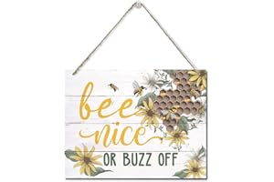 AUII JO DESIGN Bee Nice or Buzz Off Decor Sign, Hanging Printed Wall Plaque Wood Signs, Country Farmhouse Decor, Home Décor, Rustic Farmhouse Decorations for The Home 10X7.8inch