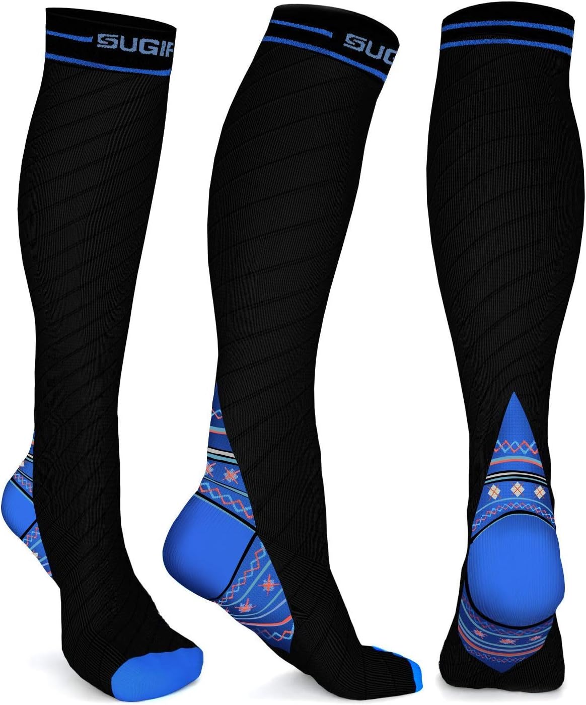 SUGIFT Compression Socks (2 Pairs, 20-30 mmHg) Men & Women, Good Graduated Compression Socks Running, Athletic Sports, Crossfit, Flight Travel - Suits Edema, Varicose (Black & Blue (2 Pairs), L/XL)