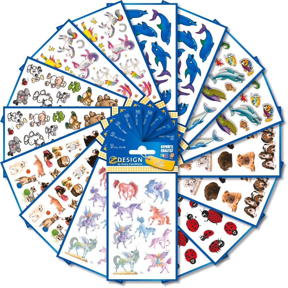 AVERY Zweckform 522 Sticker for Children (Stickers Children, Animals, Children's Stickers, Unicorn, Turtles, Ladybird, Elephant, Mouse, Bear, Giraffe, Horses, Dolphins, Fish) 59992 โ image 1