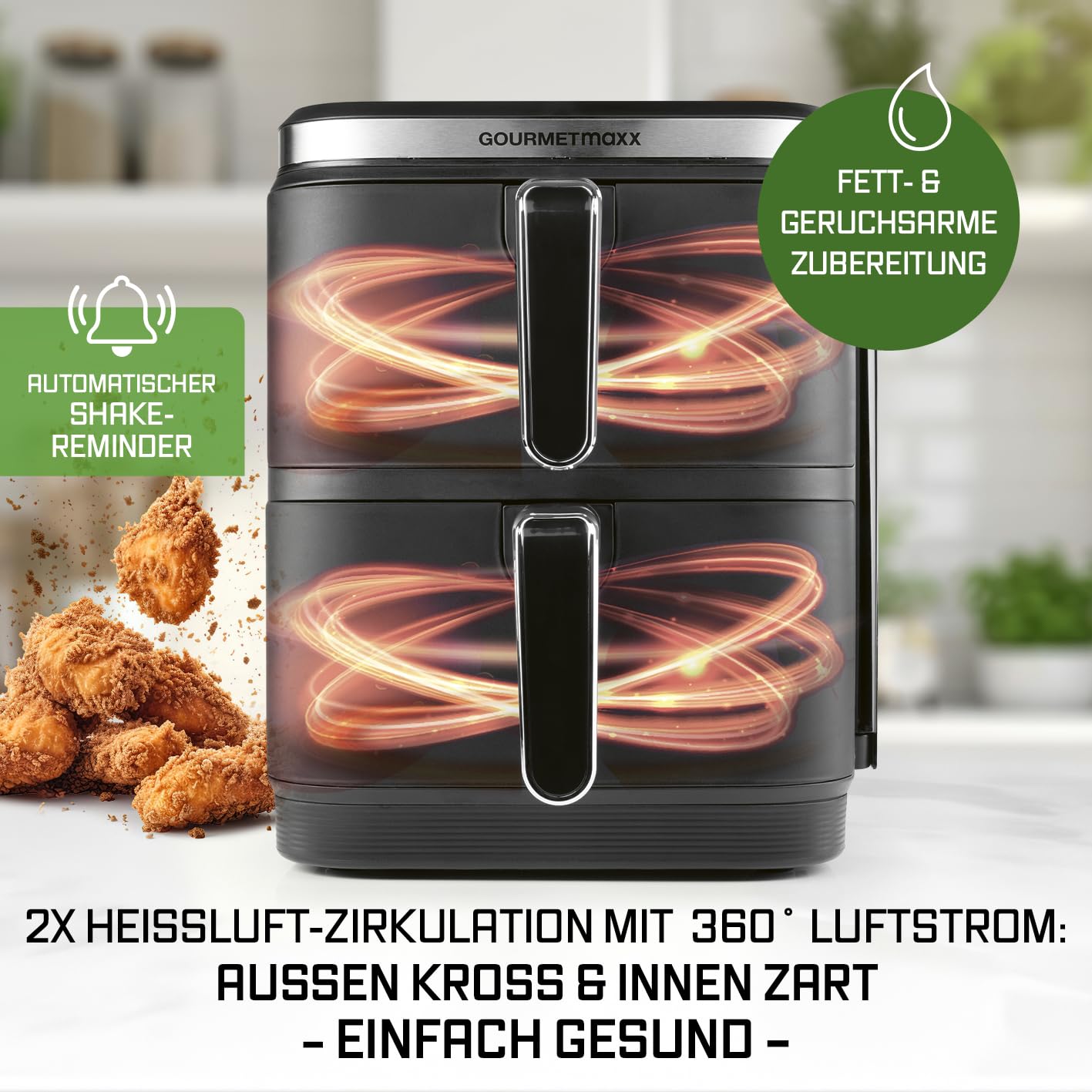 GOURMETmaxx FryUp Vertikale Doppelkammer Heißluftfritteuse | vertikaler Airfryer | klappbares Touchdisplay | 32% platzsparender | Fassungsvermögen 10L | Heißluftfritteuse 2 Kammern 4