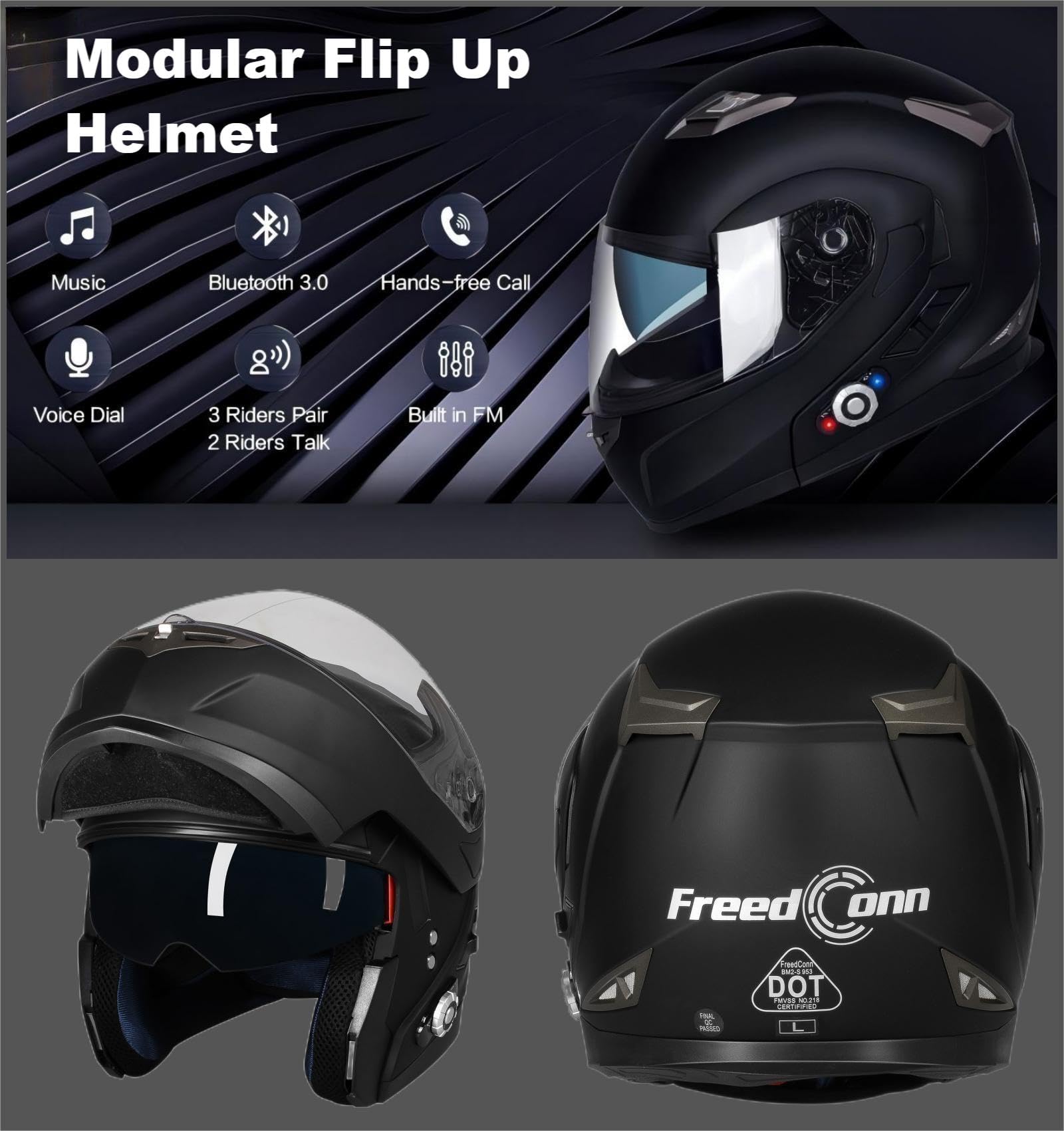 FreedConn BM2-S Bluetooth Motorcycle Helmet, Flip-Up Modular Motorbike Helmet, 500M Connectivity for 2-3 Riders, Voice Dial, Hands-Free Call, MP3, FM, DOT Certified ( Medium, Matte Black)