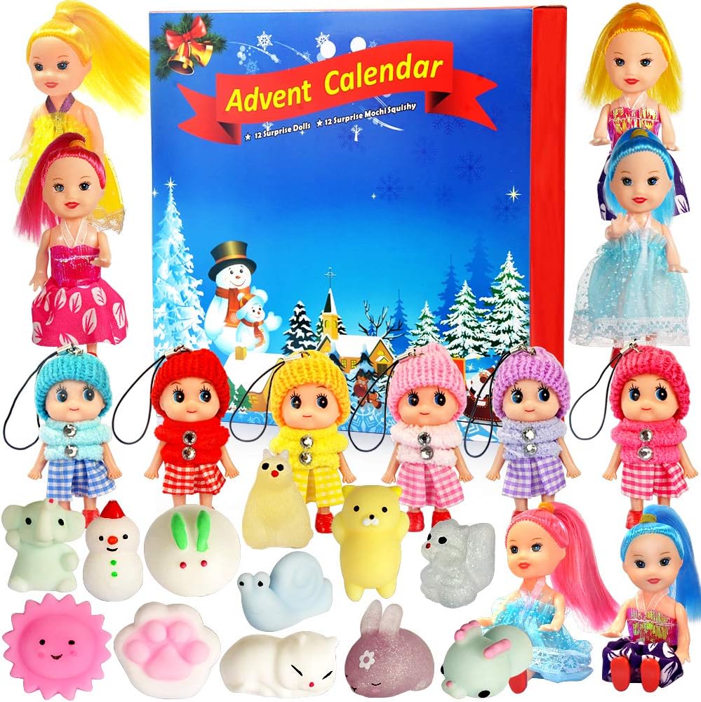 Riletoy Advent Calendar Toys,2019 Christmas 24 Day Countdown Surprise Gifts 12Pcs Mochi Squishy,12Pcs Doll for Kids Girls and Boys