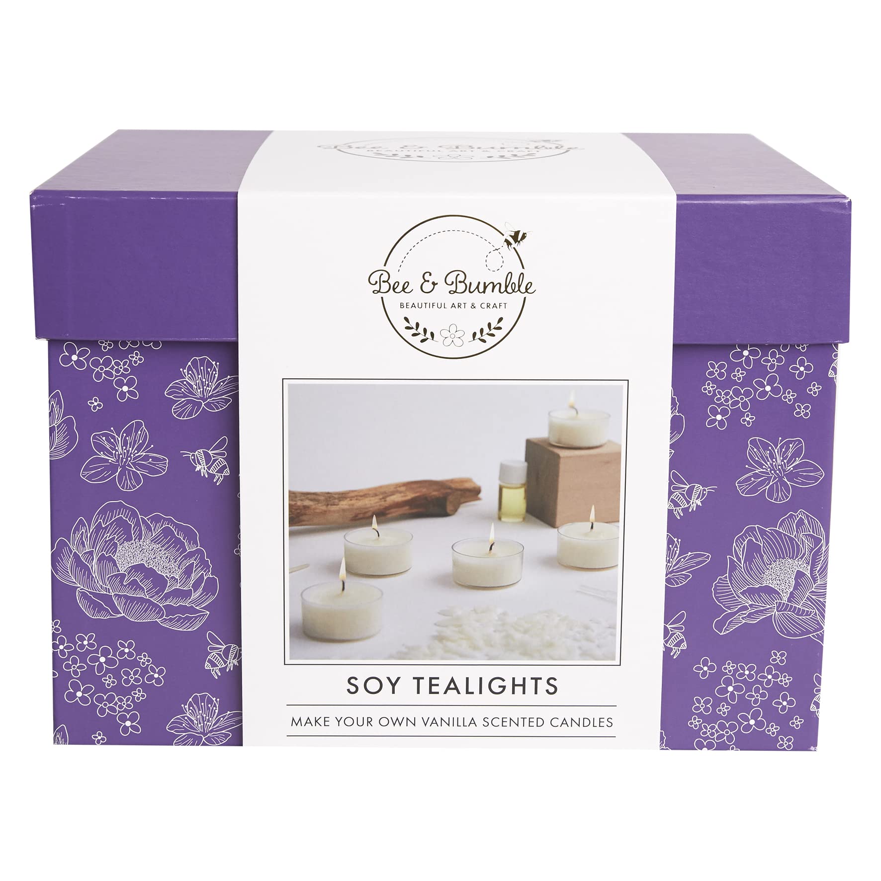 Bee & Bumble Make Your Own Soy Tealights, Makes 5 Candles, 100g Soy Wax, 5 Tealight Wicks, 4ml Vanilla Fragrance Oil, Craft Kit Set, DIY, Art And Crafts, Wax, Unique Gift