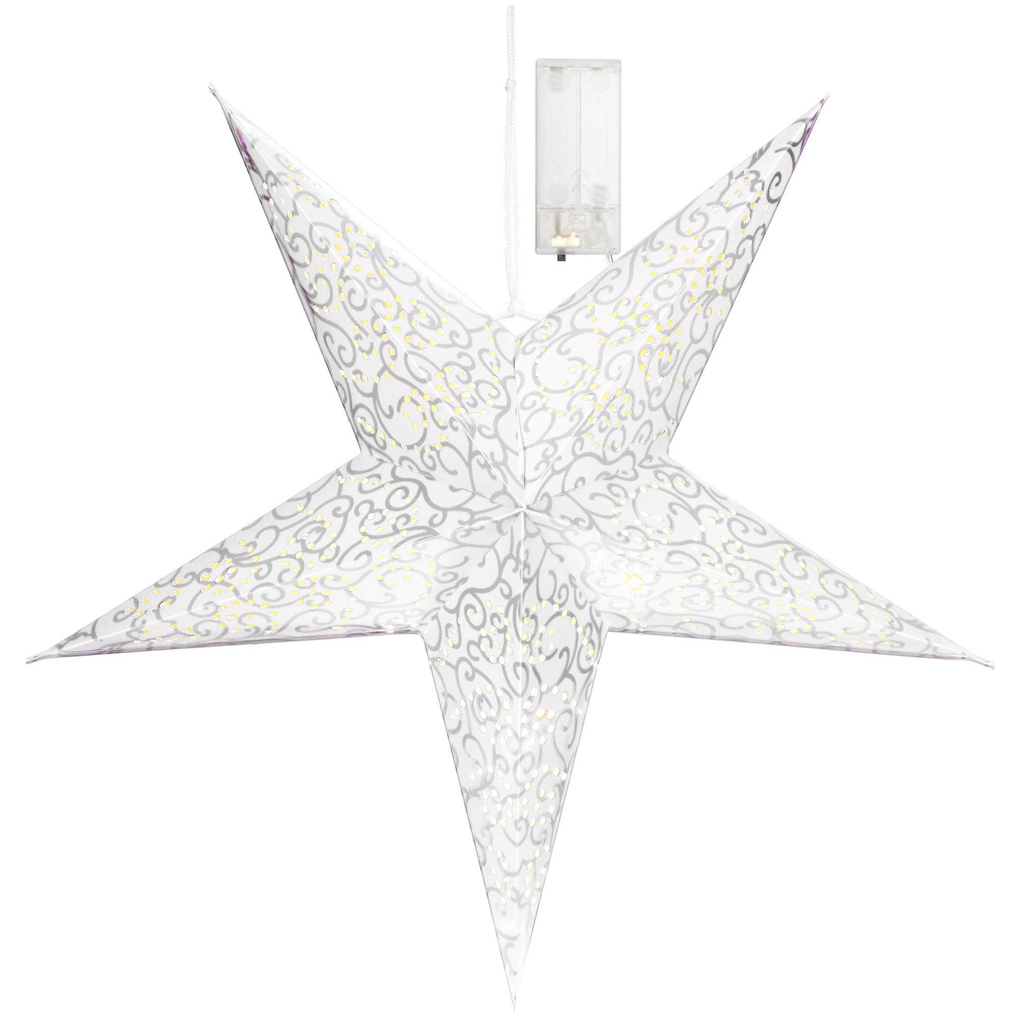 com-four® luminous star in 3D with LED lighting and timer in warm white for hanging, stable premium paper star in white (01x star - white)