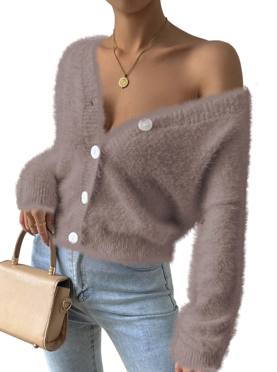 View 1 of ***LOOSE BUTTON*** Queen Cardigan for Women Batwing Long Sleeve V-Neck Button Down Outwear Furry Sweater Coat Cuban Sand S***LOOSE BUTTON***
