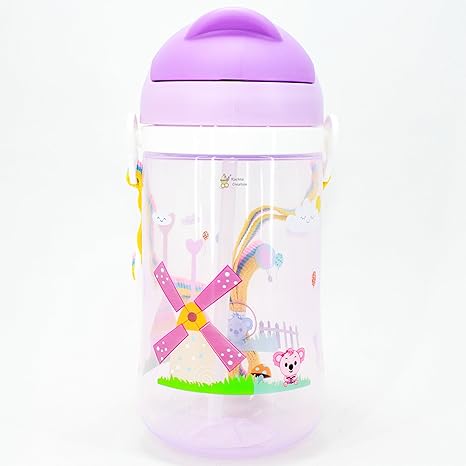 Rachnas No-Spill Koala Farmhouse Print Baby/Infants/Kids Transparent Soft Straw Sipper Cup Water Bottle with Adjustable Strap - 1046 - Purple - 550ML