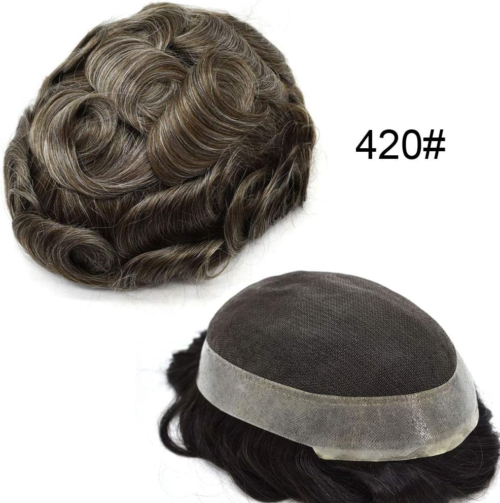LHC USA Mens Toupee 100% Human Hair Super Fine Real French Lace with Transparent Thin Skin PU Hair Replacement Poly System Breathable Hairpiece Wigs(10x8, 420#/Medium Brown+20% Gray)