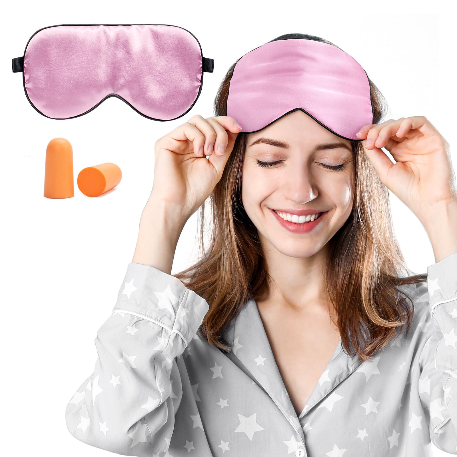 Viedouce Sleep Eye Mask,100% Natural Silk Eye Mask for Sleeping,Eye Blinder with Adjustable Strap and Ear Plug,Light-Blackout Design,Soft Sleep Mask for Women,Men and Kids(Pink) — image 1
