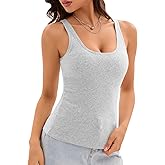 Womens Ribbed Tank Top Workout Built in Bra Square Neck Sleeveless Basic Shirt