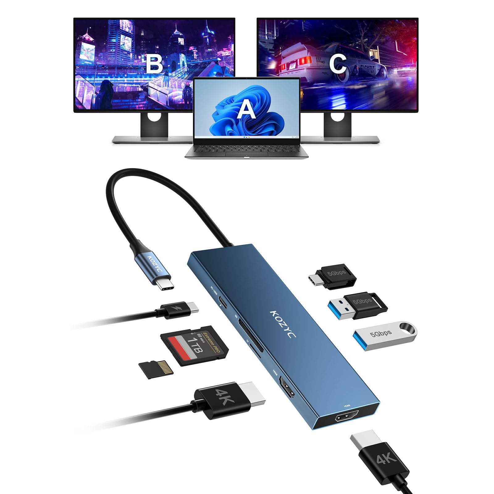 Photo 1 of KOZYC USB C Docking Station Dual HDMI 4K@60Hz, 8-in-1 USB C Hub 2 HDMI, USBC 3.0, 2xUSB-A 3.0, SD/TF, 100W PD, Laptop Docking Station Dual Monitor Compatible with HP, Dell