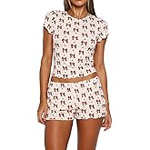 Lacozy Cute Pajamas for Women Set 2 Piece Short Sleeve Pjs Floral Graphic Crop Top Y2K Summer Sleepwear Lounge Set