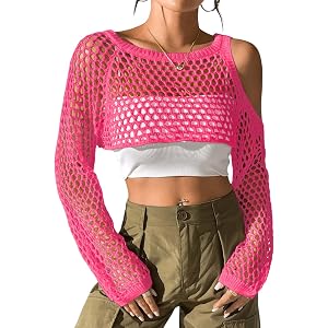 ChiaoLezhee Women's 2000s Crochet Crop Top, Cold Shoulder Fishnet Shrug Sweater for Summer Music Festival Concert (Fits 0-10)