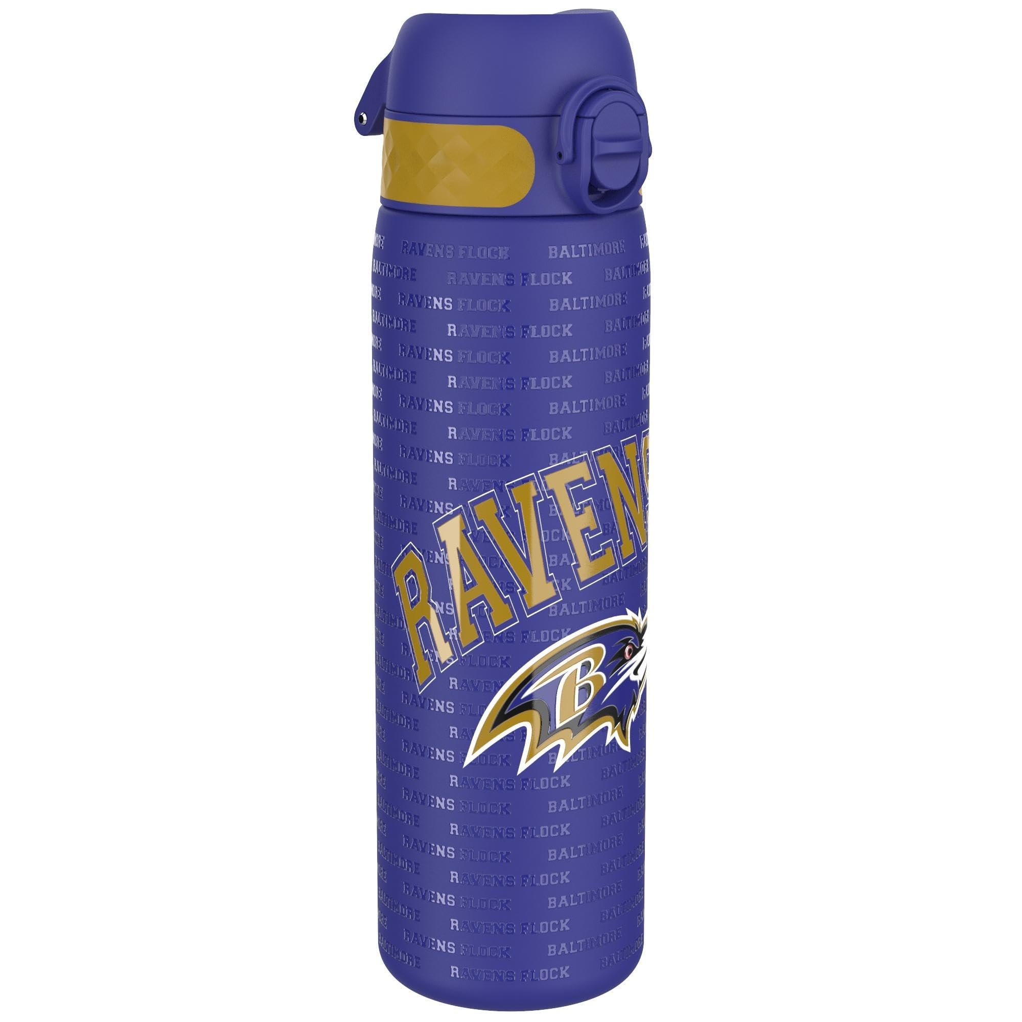 Ion8 NFL Baltimore Ravens Lightweight Steel Water Bottle, 600 ml/20 oz, Non-Insulated, Leak Proof, Easy to Open, Secure Lock, Dishwasher Safe, Flip Cover, Fits Cup Holders, Metal Water Bottle — image 1