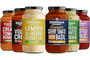 Sonoma Gourmet Pasta Sauce Variety Pack – Non-GMO, No Sugar Added – 6 Chef-Crafted Flavors – 25oz Jars