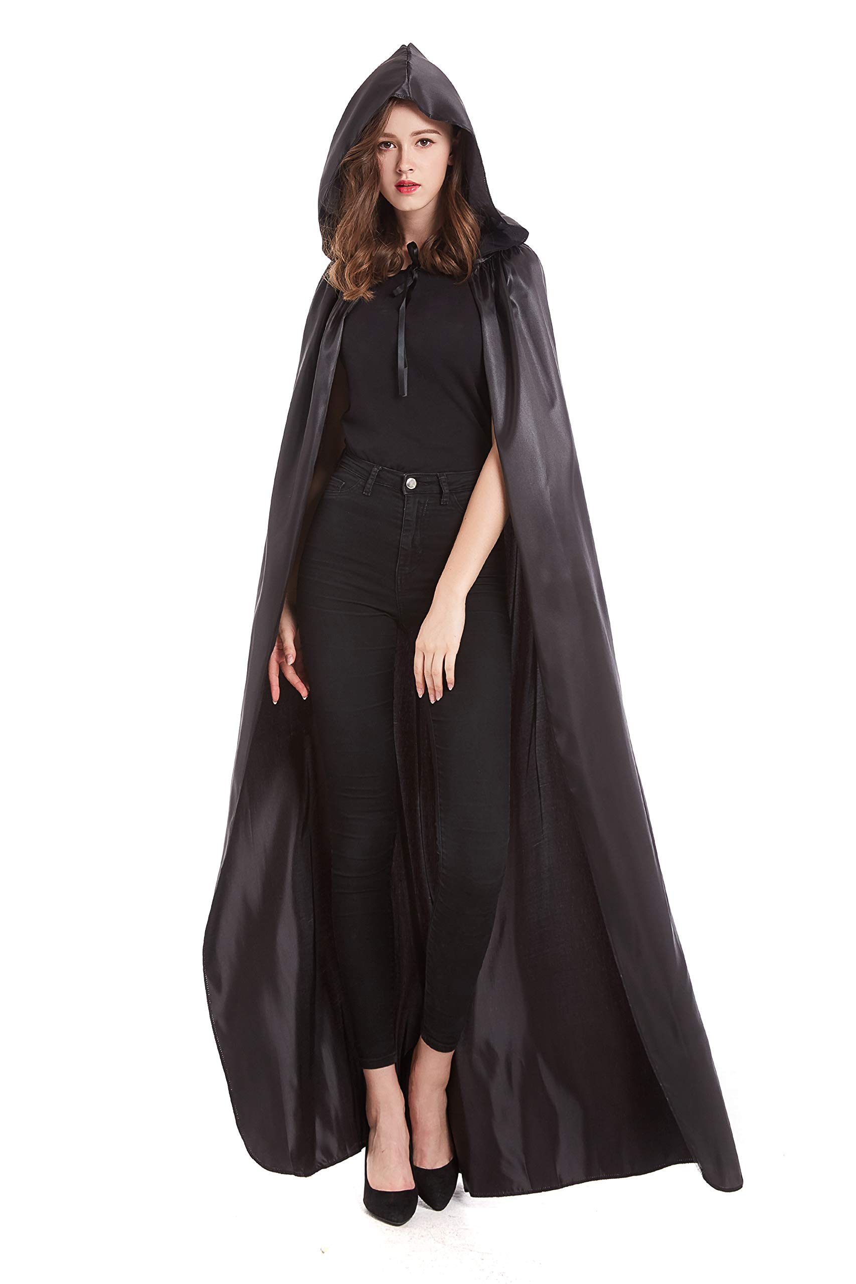 DIFLY 59-inch Satin Hooded Cape Unisex Halloween Cloak Devil Witch Wizard Halloween Christmas Cosplay (Black)(Size: L)