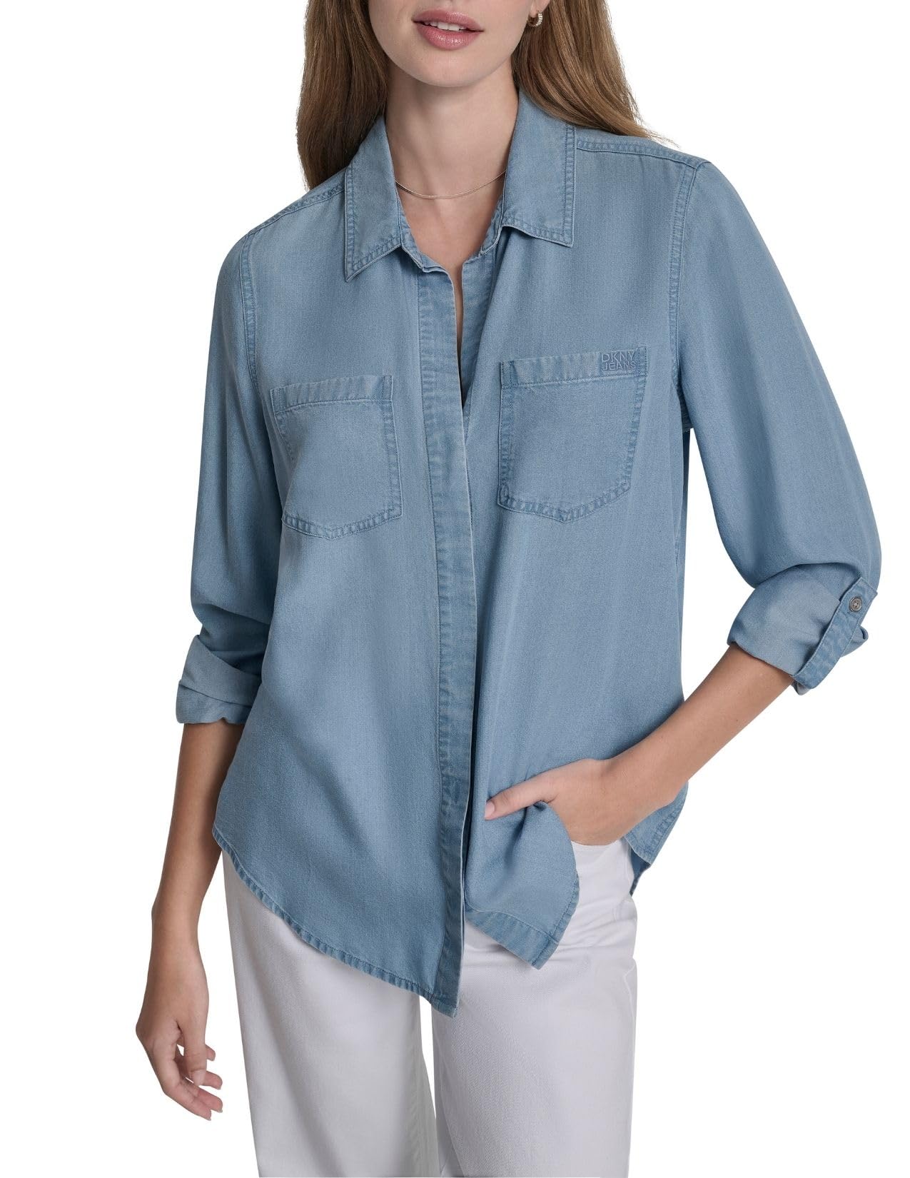 DKNY Women’s Splitback Long Sleeve Button Down with Cuffed Sleeve, Chambray, X-Small