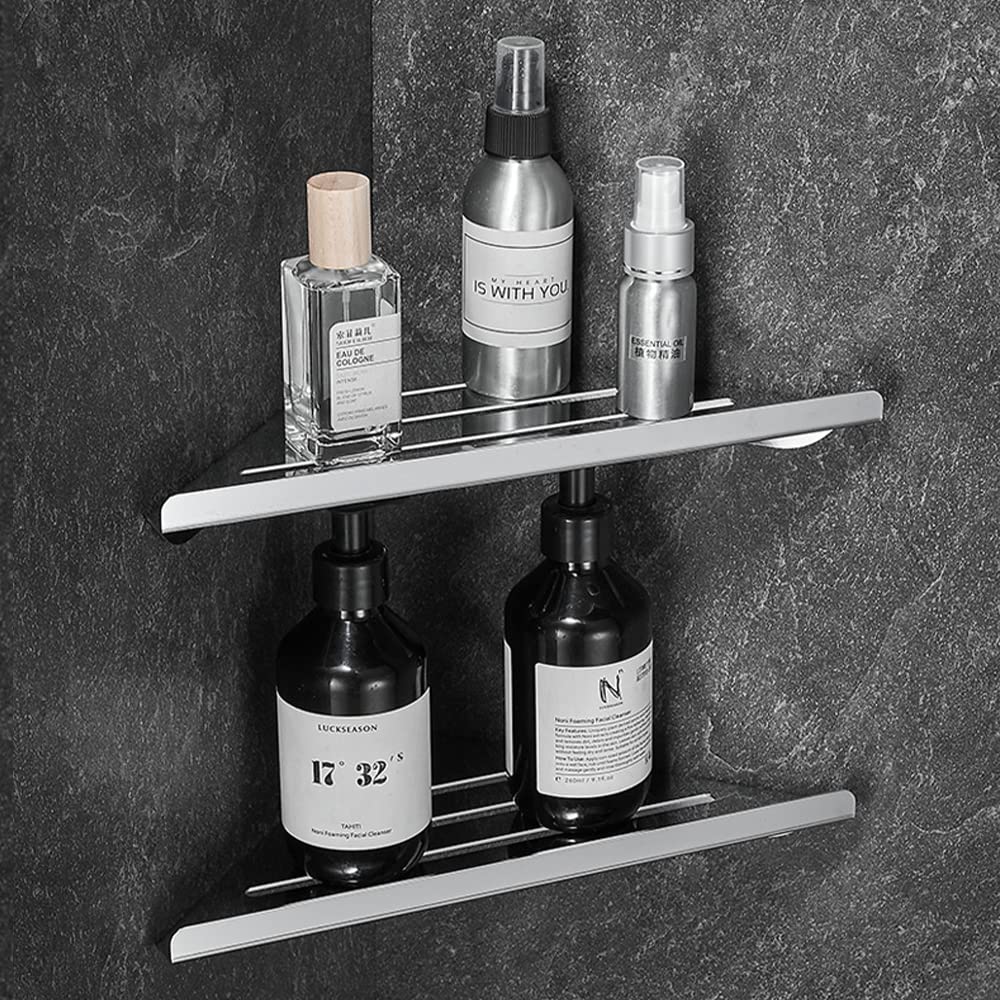 CALUCAB 2PC Shower Caddy Stainless Steel Shower Corner Shelf No Drilling Wall Mounted Bathroom Shelves Triangles Shower Storage for Bathroom Kitchen (Sliver Chrome)