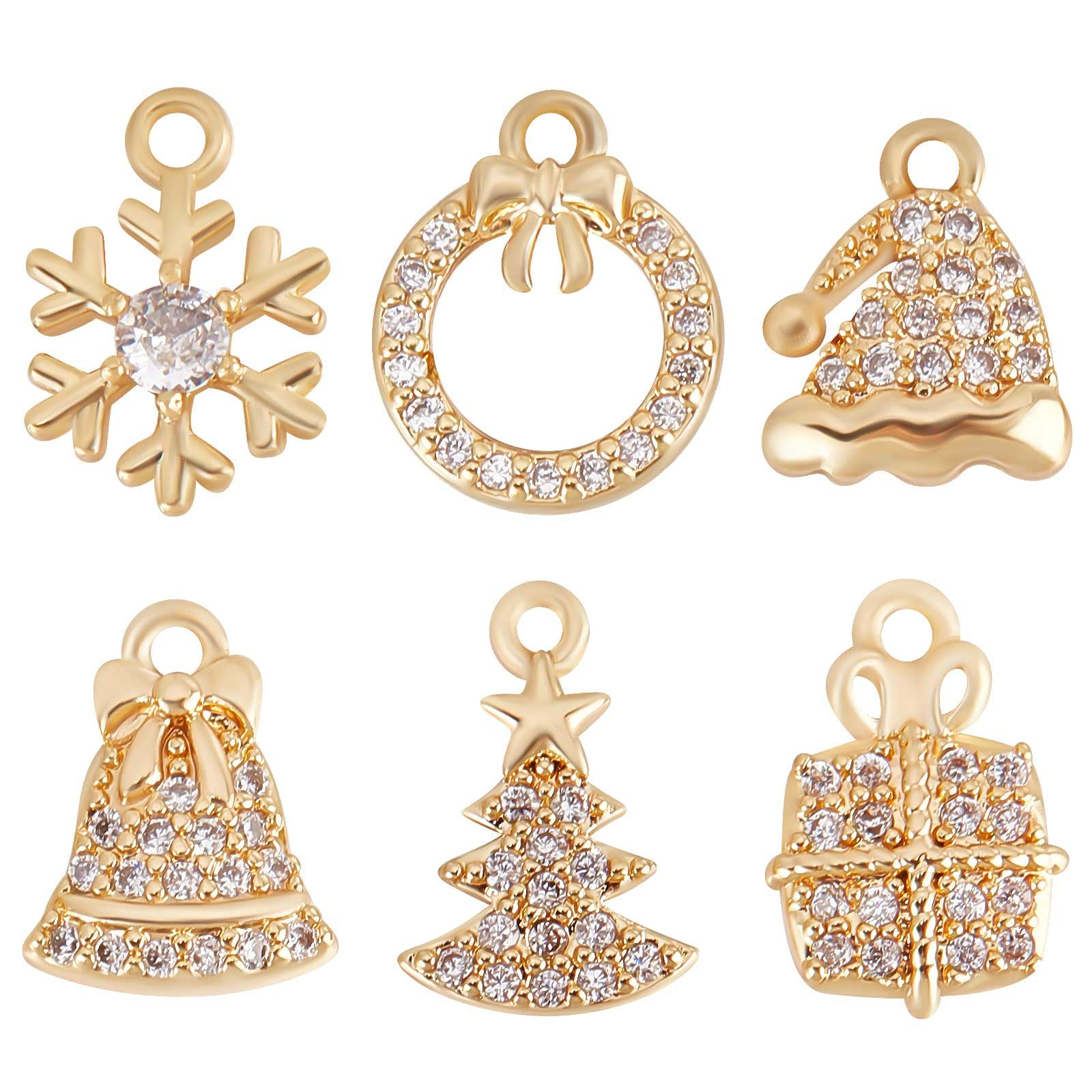 Beebeecraft 12Pcs 6 Style Christmas Charms 18K Gold Plated Trees Snowflake Gift Bell Hat Wreath Cubic Zirconia for DIY Jewellery Making Pendant Bracelet Necklace Craft Supplies