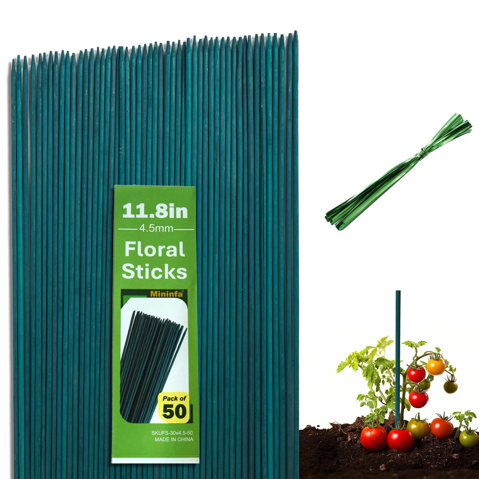 Mininfa 50pcs 30cm Green Bamboo Sticks Green Flower Plant Support Stakes Floral Picks with Twist Ties for Plants Vegetables Support Suitable for Home, Garden, Climbing Plant Extension Use(11.8 inch)