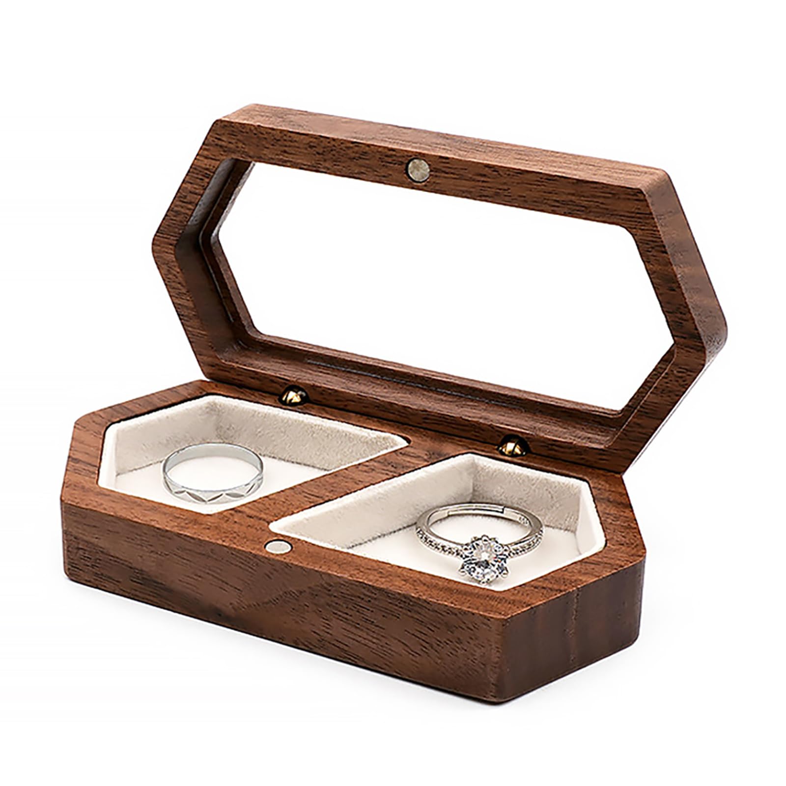 Photo 1 of Wood Double Ring Box Jewelry Box Engraved Wooden Ring Holder for 2 Rings Engagement Proposal Wedding Ceremony Ring Bearer Box Valentine's Day Mother's Day Christmas Romantic Gifts for Women Her