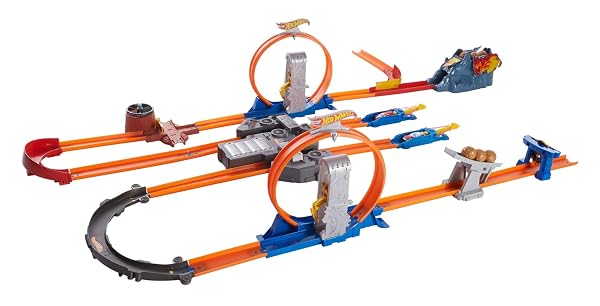 HOT WHEELS TOY CAR TRACK SET, TRACK BUILDER PLAYSET TOTAL TURBO TAKEOVER WITH 1:64 SCALE VEHICLE, MOTORIZED BOOSTER & MULTIPLE CONFIGURATIONS