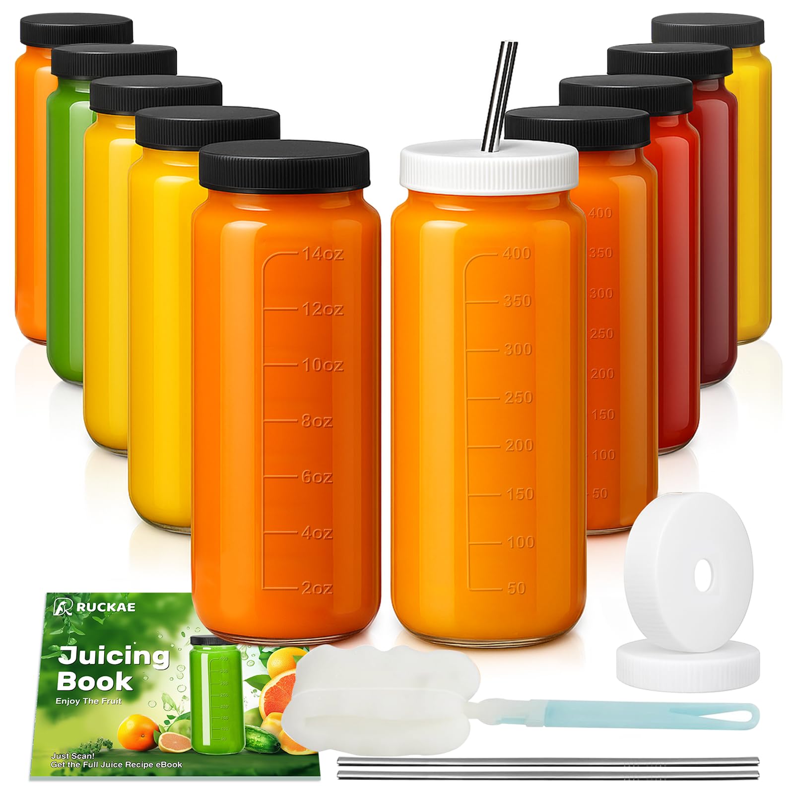 Photo 1 of Ruckae 16oz 10 Pack Juice Bottles, Glass Bottles with Lids, Smoothie Cup Lids and Straws, Water Bottle Mason Jar Drinking Glasses for Juicing, Smoothies, Kombucha