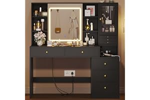 HAUOMS Makeup Vanity Desk with Lighted Sliding Mirror & Jewelry Organizer, Makeup Dressing Table with 5 Drawers, Modern Black