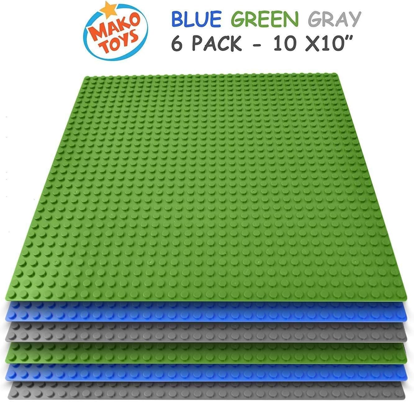 Building Base Plates- Compatible Baseplates (6 pieces of 10" x 10") in Blue, Green and Gray, Works with Major Brick Building Sets, Wonderful Plate for Kids