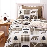 Wake In Cloud - Rustic Comforter Set, Cabin Christmas Lodge Western Country Bear Deer Moose Woodland RV Outdoor Theme, Soft Lightweight Bedding, 3 Pieces, Taupe, Twin/Twin XL Size