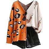 Leopard Tiger Print Cardigan Women: Color Block V Neck Sweater Long Sleeve Animal Print Outfits for Women