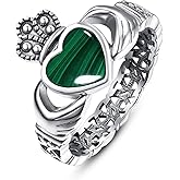 AVECON Heart Turquoise/Malachite/Black Onyx Claddagh Rings 925 Sterling Silver Celtic Knot Ring Turquoise Rings for Women Engagement Ring Irish Jewelry Gifts Size 6-9